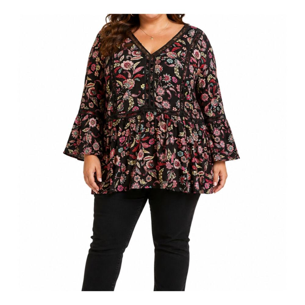 Avenue Top Womens Plus Size 5X Black Floral Boho Tunic Bell Sleeve Peasant NWT
